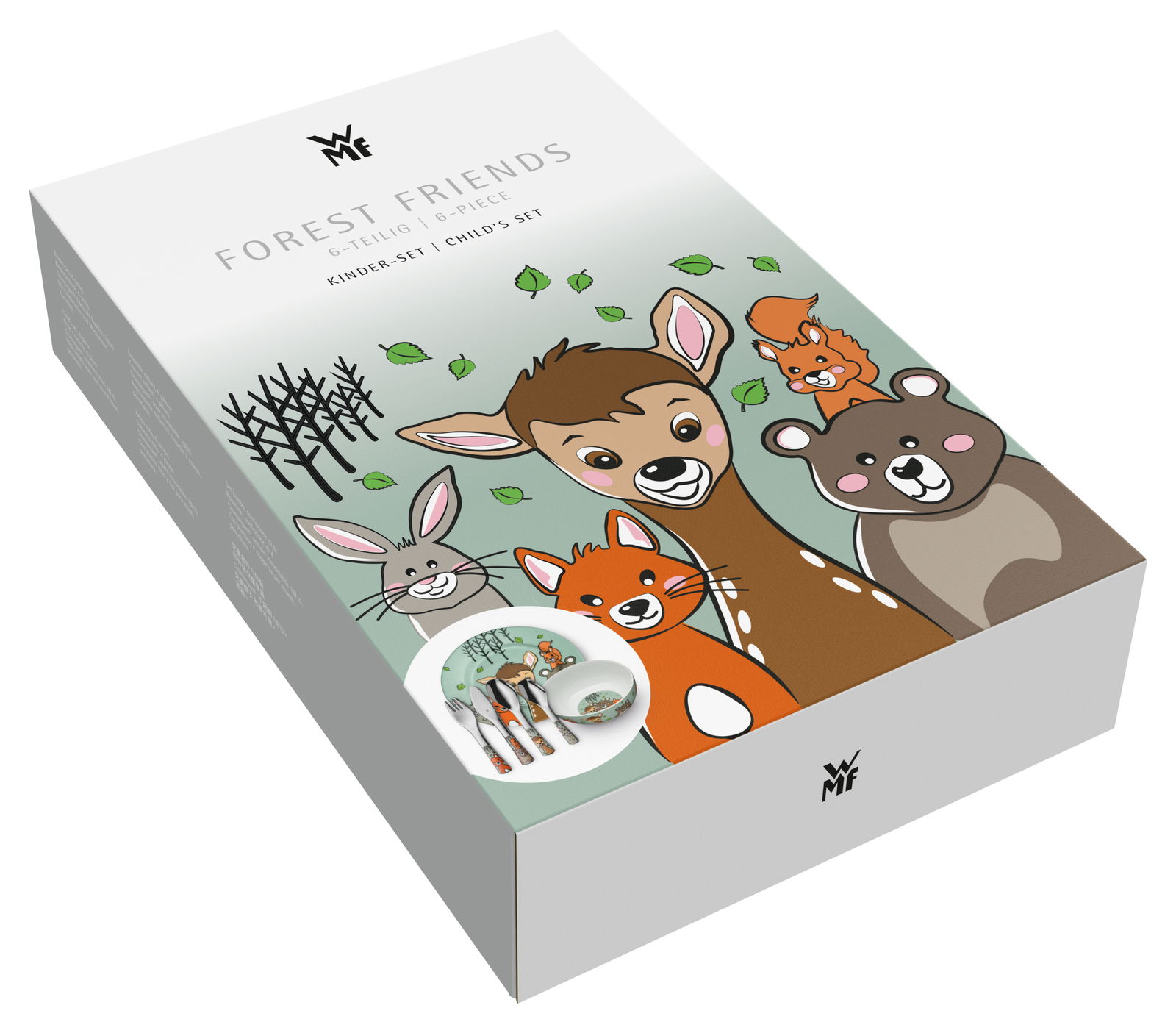 Verpackung des Kinderbestecks Forest 6-teilig mit bunten Waldtieren, schräg von oben fotografiert.