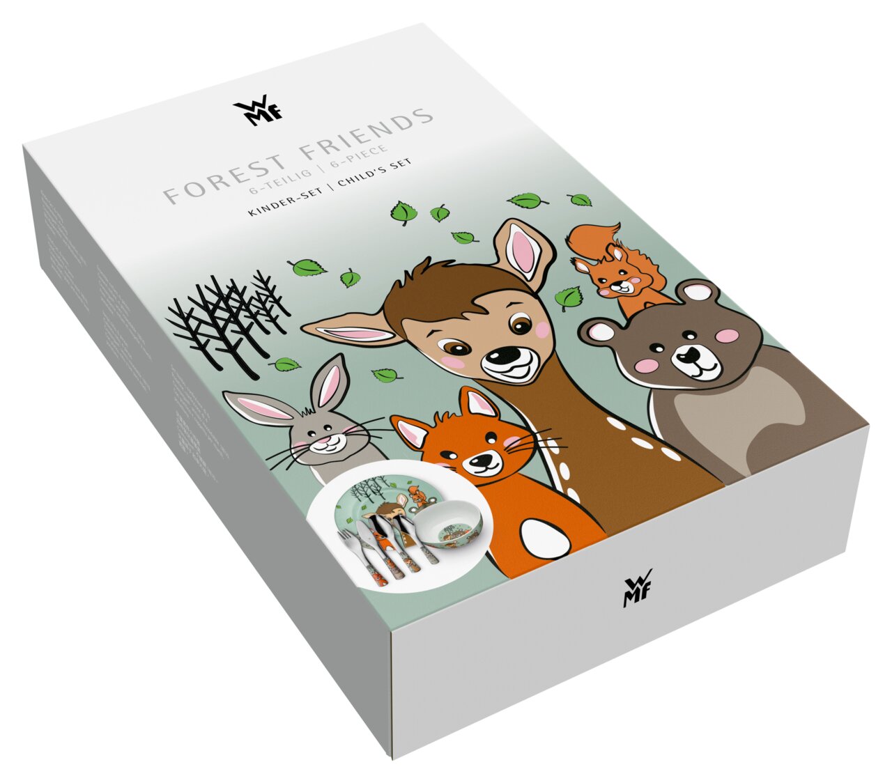 Verpakking van het 6-delige Forest-kinderbestek met kleurrijke bosdieren, schuin van bovenaf gefotografeerd.