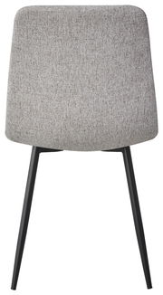 Rückansicht eines modernen Stuhls mit grauem Stoffbezug und schwarzen Metallbeinen.