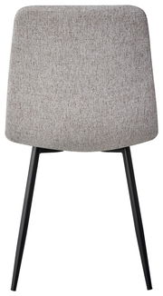 Rückansicht eines modernen Stuhls mit grauem Stoffbezug und schwarzen Metallbeinen.