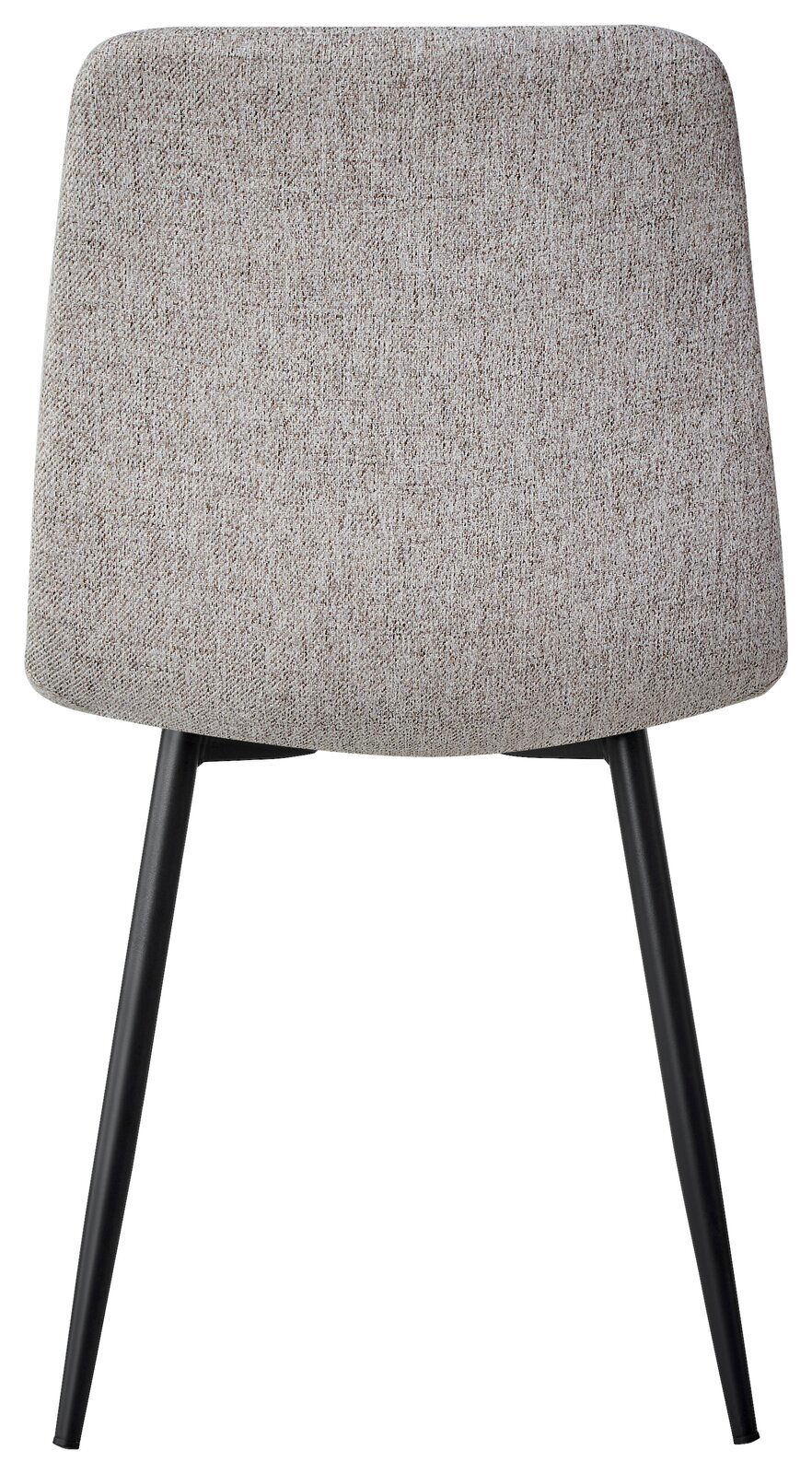 Rückansicht eines modernen Stuhls mit grauem Stoffbezug und schwarzen Metallbeinen.