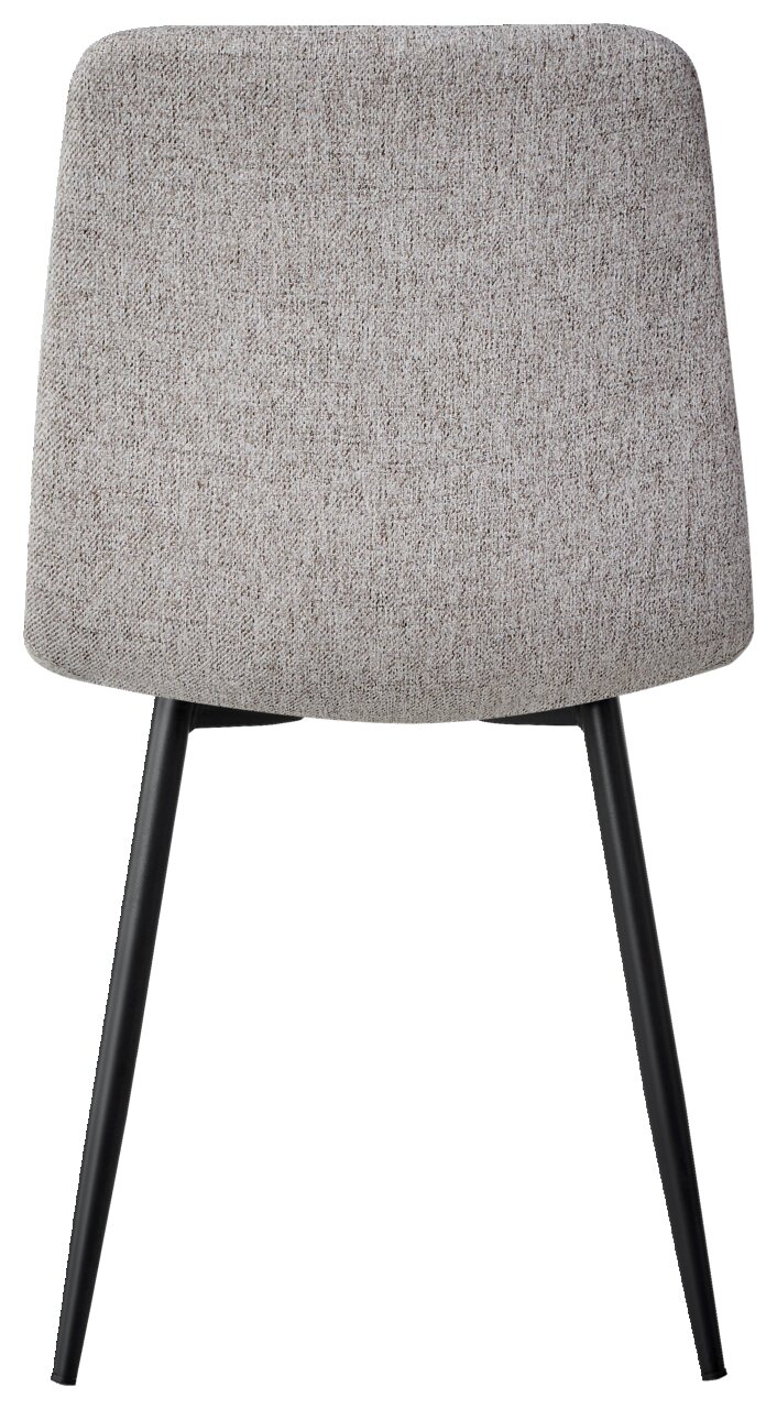 Rückansicht eines modernen Stuhls mit grauem Stoffbezug und schwarzen Metallbeinen.