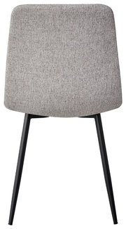 Rückansicht eines modernen Stuhls mit grauem Stoffbezug und schwarzen Metallbeinen.