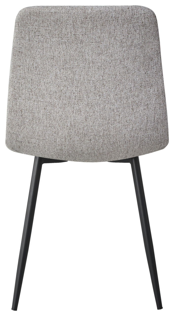 Rückansicht eines modernen Stuhls mit grauem Stoffbezug und schwarzen Metallbeinen.
