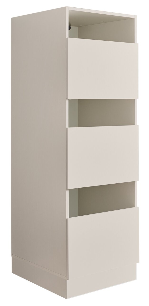Weißer, moderner Hochschrank/Badschrank mit drei Schubladen und offenem Fach, freistehend, in schräger Frontansicht (leicht von links) vor weißem Hintergrund