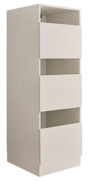 Weißer, moderner Hochschrank/Badschrank mit drei Schubladen und offenem Fach, freistehend, in schräger Frontansicht (leicht von links) vor weißem Hintergrund