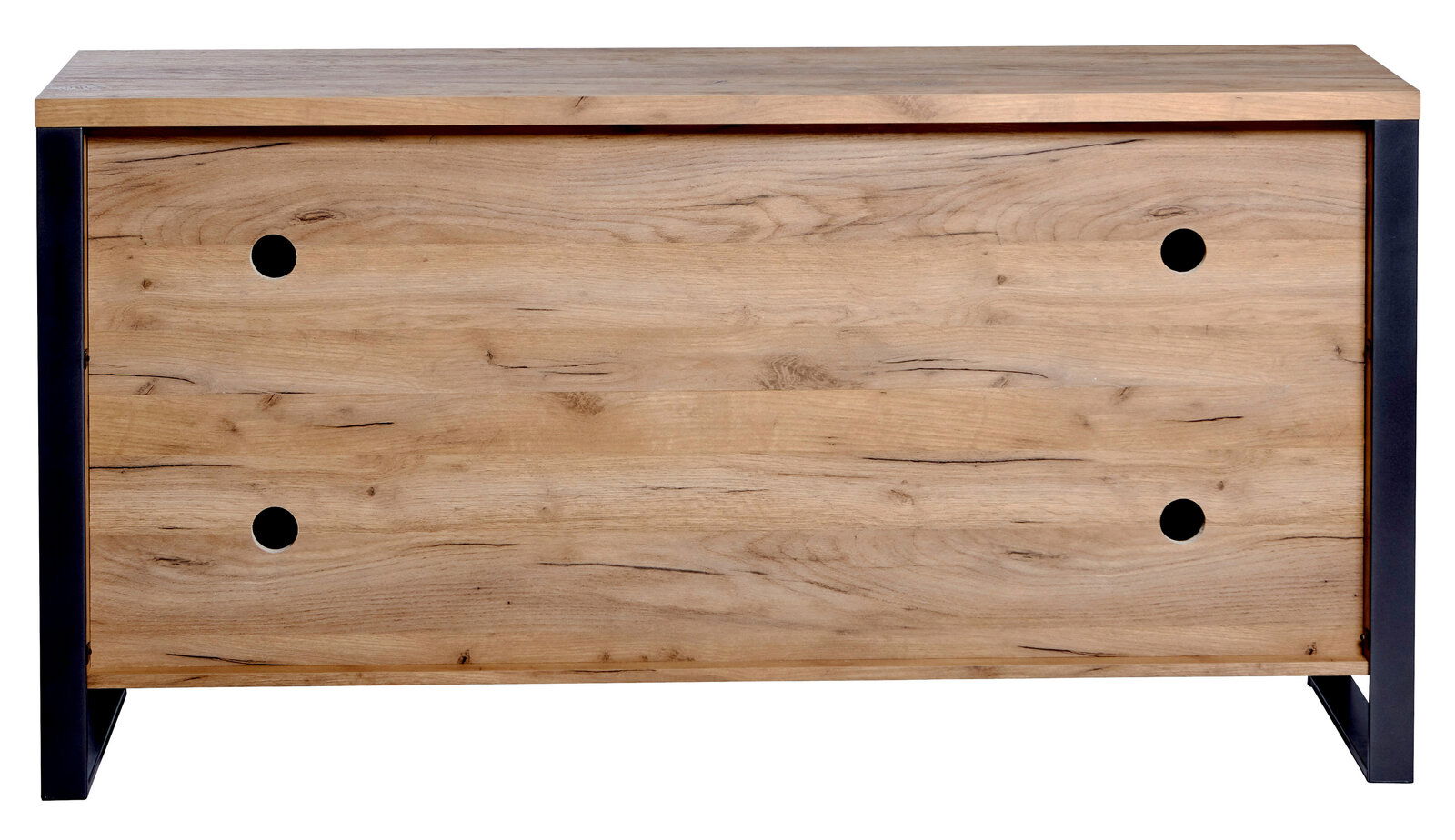 Frontansicht eines modernen Sideboards aus Holz mit schwarzen Metallakzenten und runden Grifföffnungen.