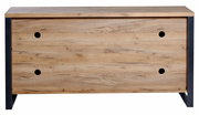 Frontansicht eines modernen Sideboards aus Holz mit schwarzen Metallakzenten und runden Grifföffnungen.