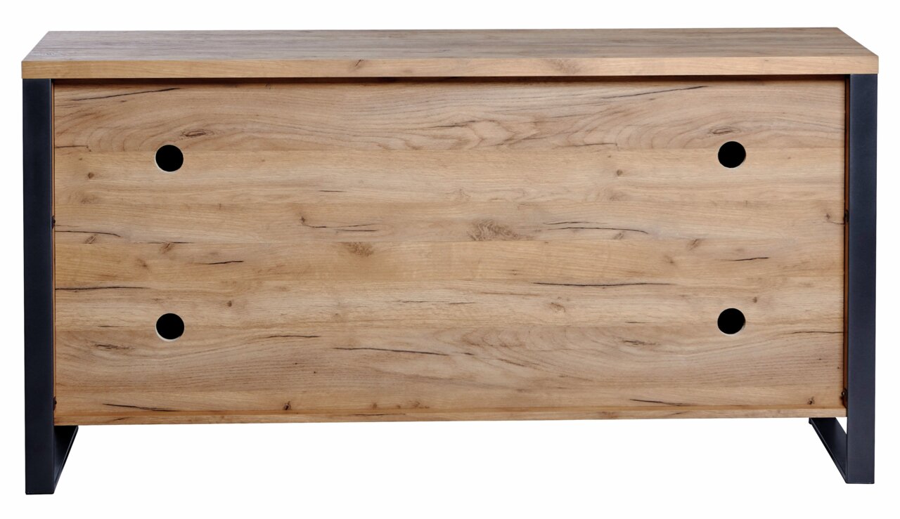 Vooraanzicht van een modern houten dressoir met zwarte metalen accenten en ronde handgrepen.