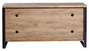 Vooraanzicht van een modern houten dressoir met zwarte metalen accenten en ronde handgrepen.
