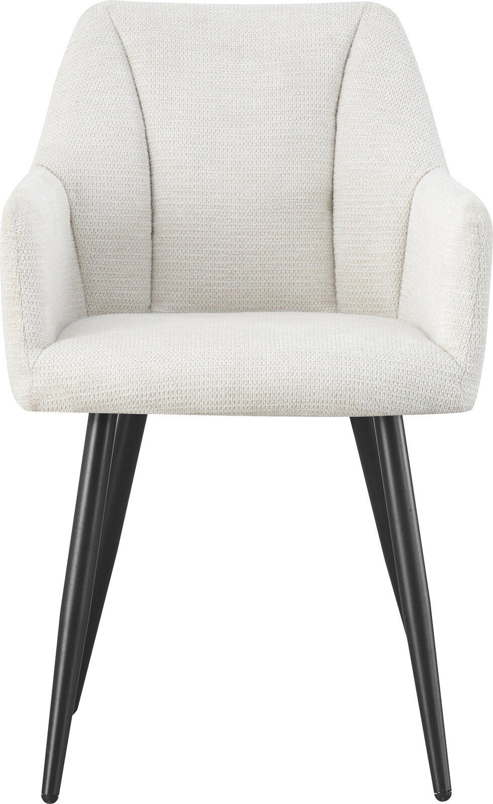 Gepolsterter Sessel in Creme/Offwhite mit strukturierter Stoffpolsterung, Armlehnen und schwarzen, schräg stehenden Metallbeinen, Frontansicht.
