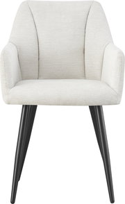 Gepolsterter Sessel in Creme/Offwhite mit strukturierter Stoffpolsterung, Armlehnen und schwarzen, schräg stehenden Metallbeinen, Frontansicht.