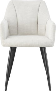 Gepolsterter Sessel in Creme/Offwhite mit strukturierter Stoffpolsterung, Armlehnen und schwarzen, schräg stehenden Metallbeinen, Frontansicht.