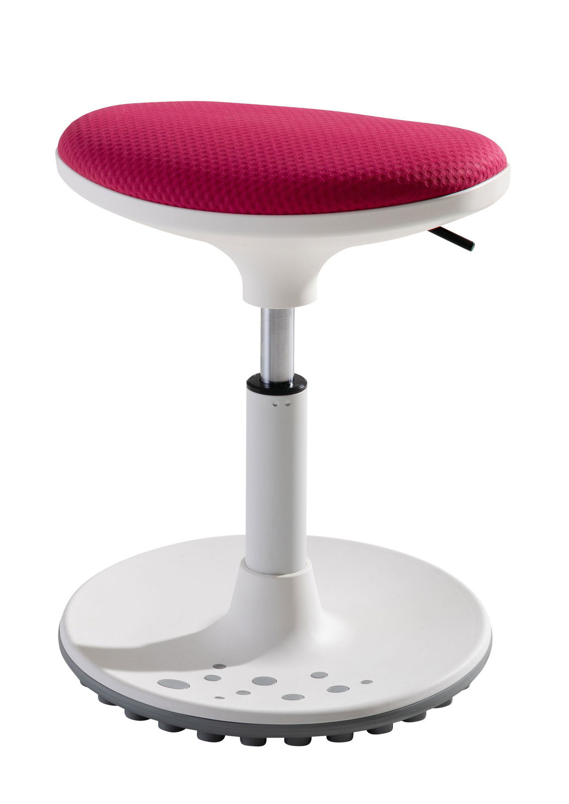 Kinderhocker Paidi Serie SPEEDY mit weißem Gestell und rotem Sitzpolster, seitliche Perspektive