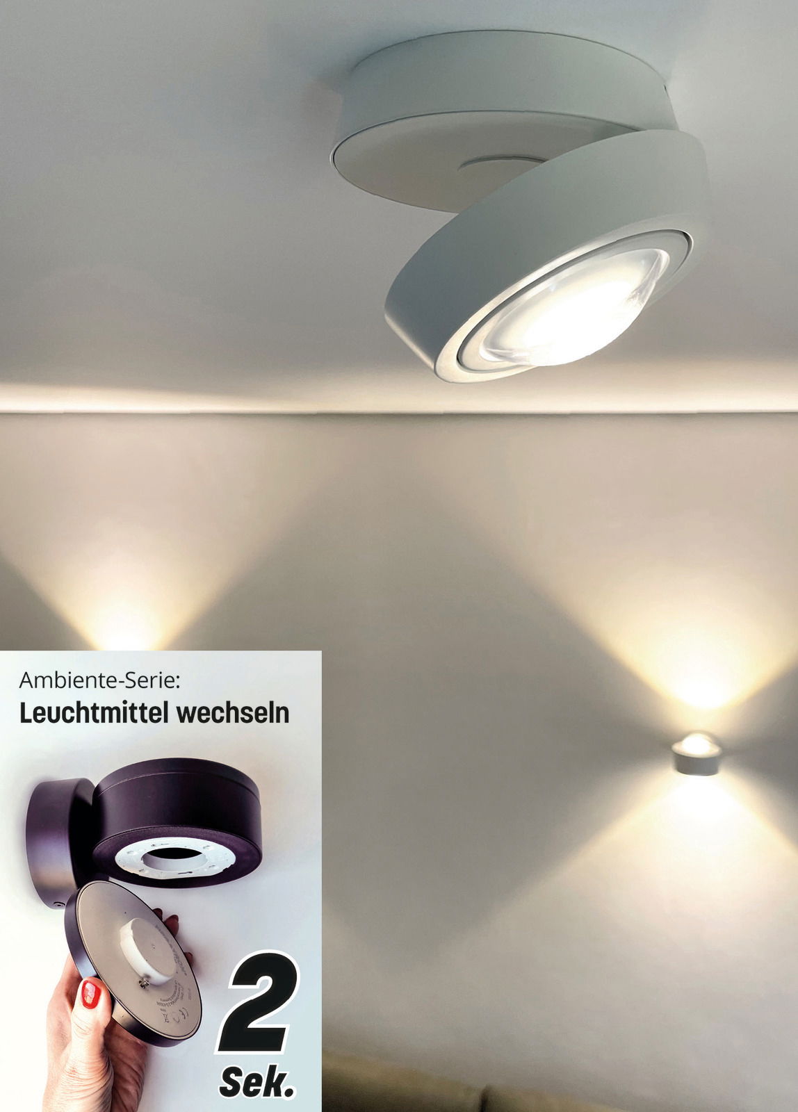 LED Aufbauleuchte an der Decke montiert, seitliche Perspektive