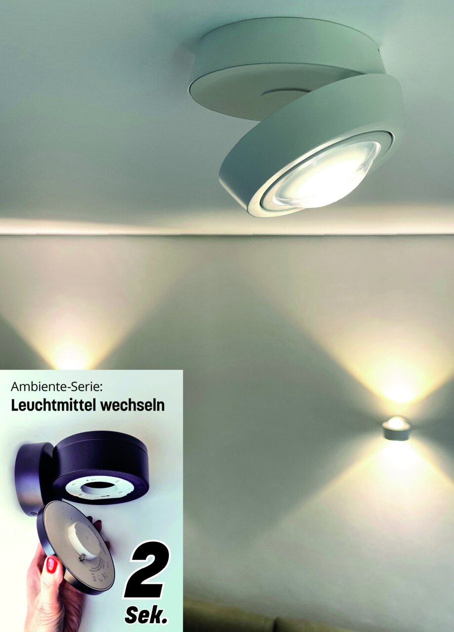 LED Aufbauleuchte an der Decke montiert, seitliche Perspektive