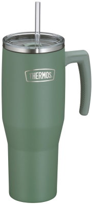 Groene Thermos-isoleerbeker met handvat, transparant deksel en rietje, schuin van voren afgebeeld