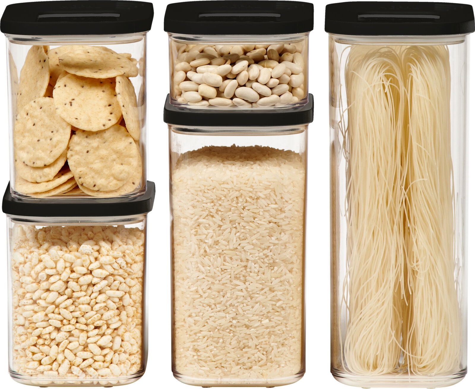 Mepal Starter-Set 5tlg. MODULA Vorderansicht eines 5-teiligen Modula Starter-Sets mit transparenten Vorratsdosen und schwarzen Deckeln, gefüllt mit verschiedenen Lebensmitteln wie Reis, Nudeln, Bohnen und Snacks.