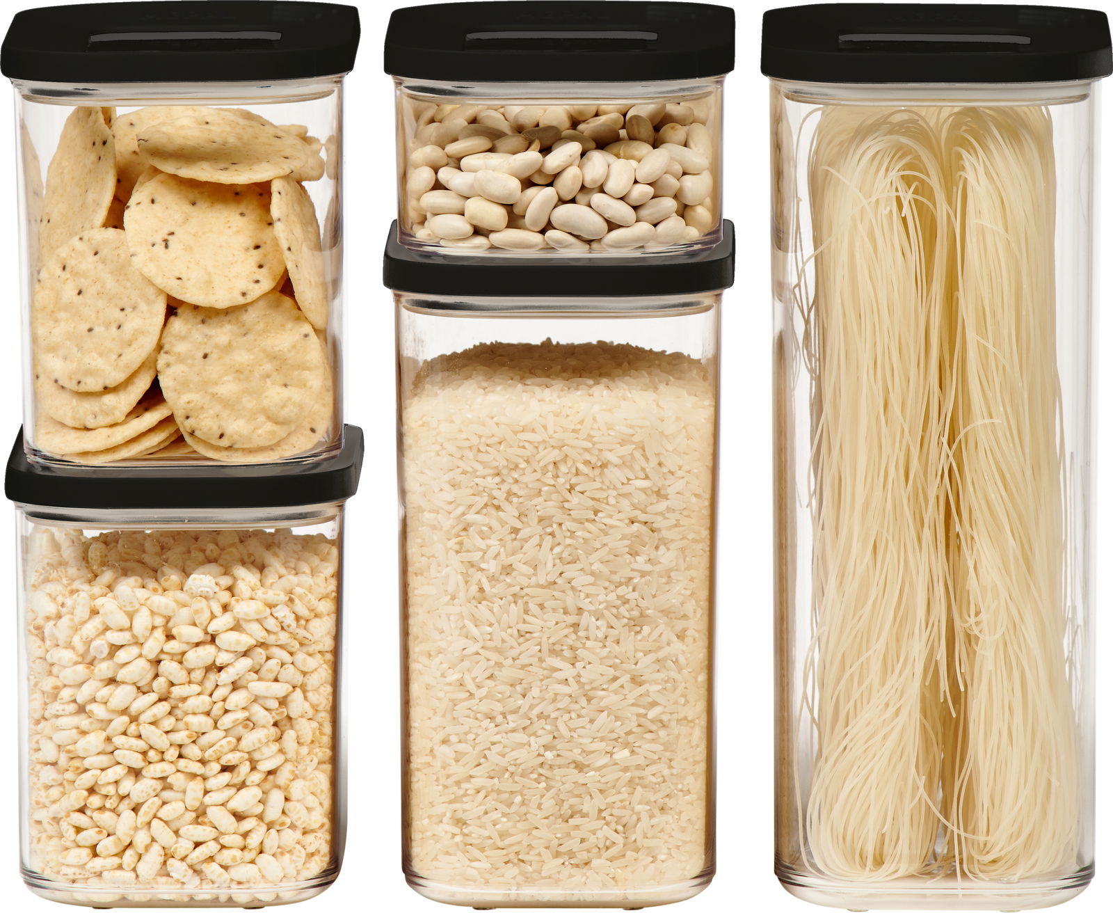Vorderansicht eines 5-teiligen Modula Starter-Sets mit transparenten Vorratsdosen und schwarzen Deckeln, gefüllt mit verschiedenen Lebensmitteln wie Reis, Nudeln, Bohnen und Snacks.