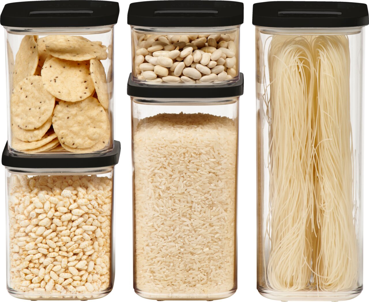 Vorderansicht eines 5-teiligen Modula Starter-Sets mit transparenten Vorratsdosen und schwarzen Deckeln, gefüllt mit verschiedenen Lebensmitteln wie Reis, Nudeln, Bohnen und Snacks.