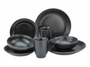 Kombiservice Industrial Gold B in dunklem, gesprenkeltem Design, bestehend aus Tellern, Schalen und Tassen, frontal abgebildet.