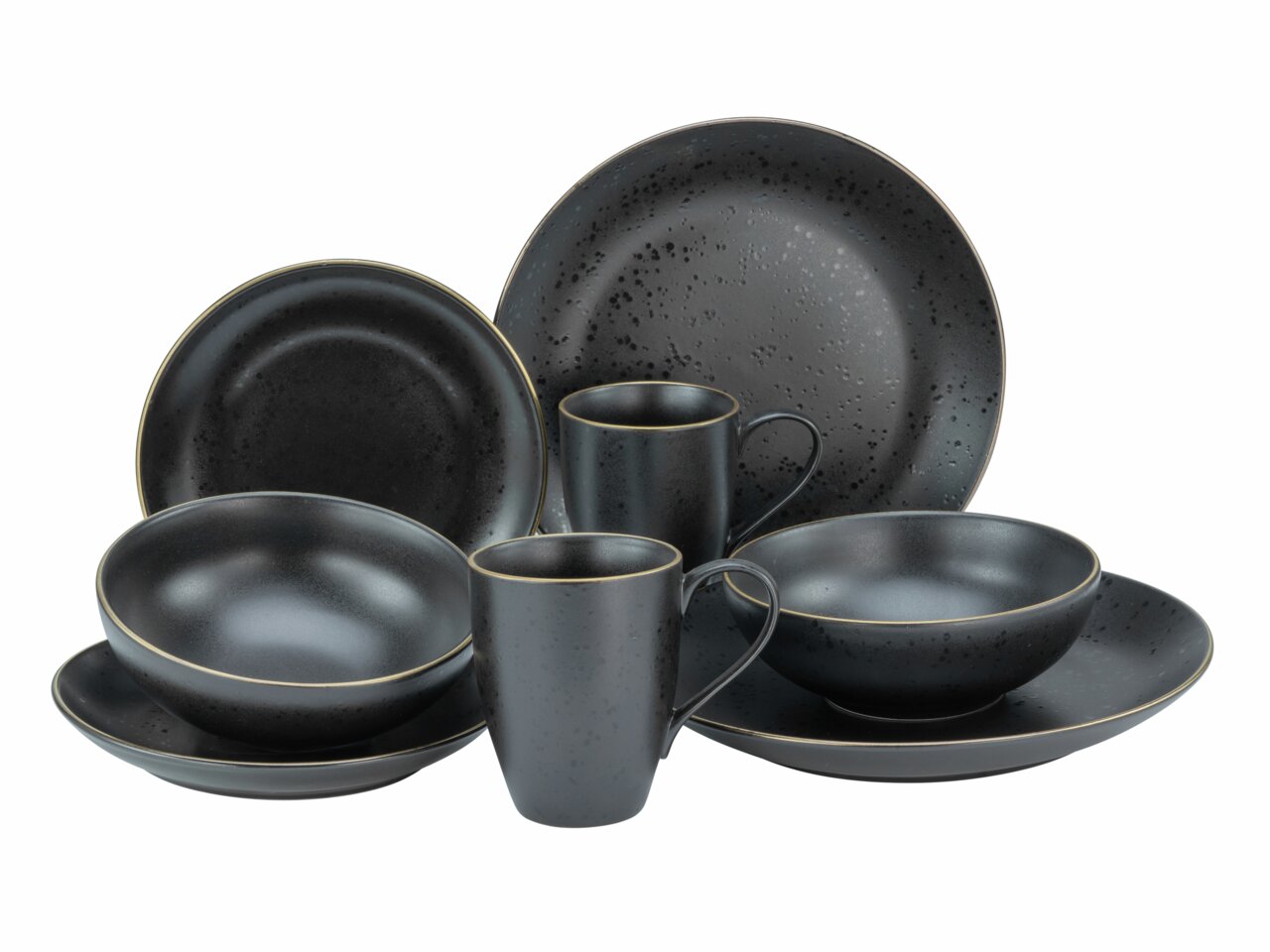 Kombiservice Industrial Gold B in dunklem, gesprenkeltem Design, bestehend aus Tellern, Schalen und Tassen, frontal abgebildet.