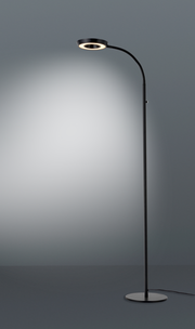 Schwarze LED-Steh- und Leseleuchte mit rundem Sockel und flexiblem Arm, seitliche Perspektive