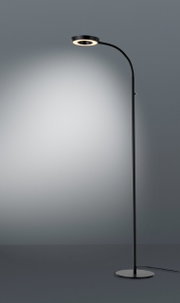 Schwarze LED-Steh- und Leseleuchte mit rundem Sockel und flexiblem Arm, seitliche Perspektive