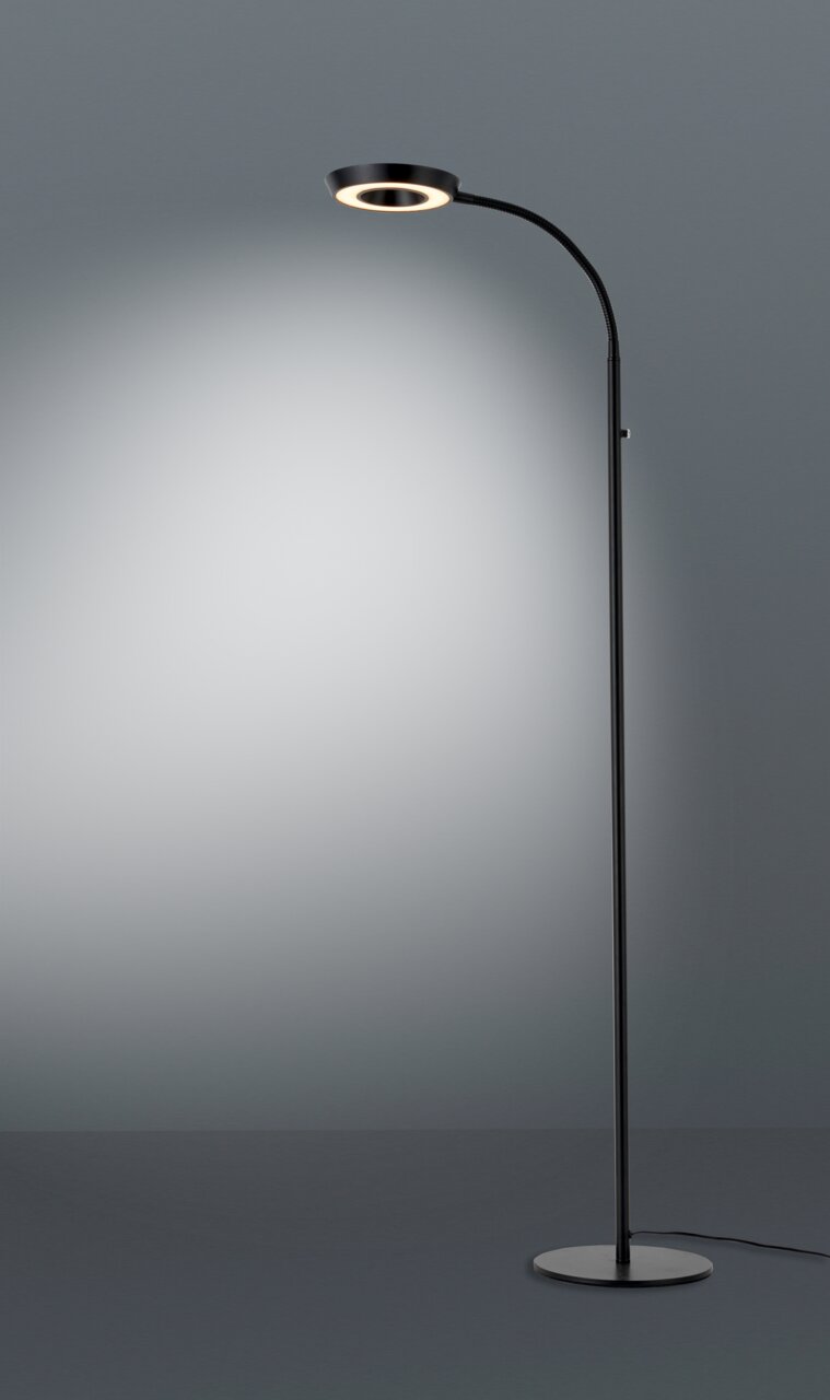 Schwarze LED-Steh- und Leseleuchte mit rundem Sockel und flexiblem Arm, seitliche Perspektive