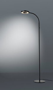 Zwarte led-staande lamp en leeslamp met ronde voet en flexibele arm, zijaanzicht