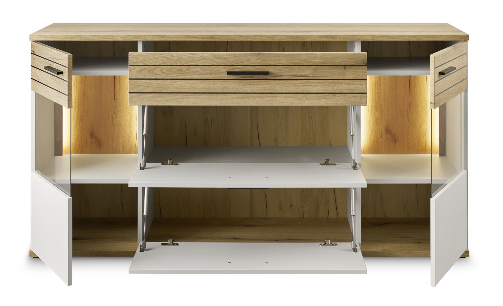 Frontale Ansicht eines modernen Sideboards mit Holz- und Weißtönen, offenen Türen und Schubladen, beleuchtetem Innenraum.