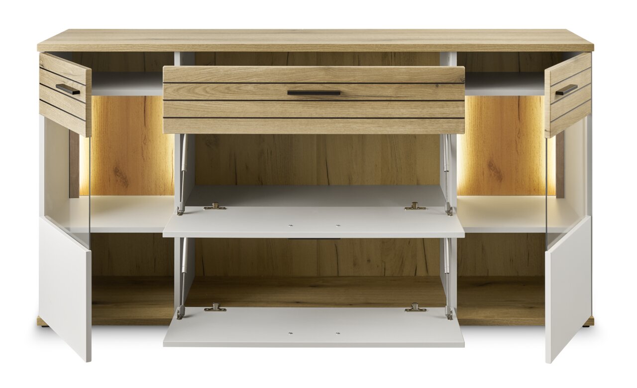 Frontale Ansicht eines modernen Sideboards mit Holz- und Weißtönen, offenen Türen und Schubladen, beleuchtetem Innenraum.