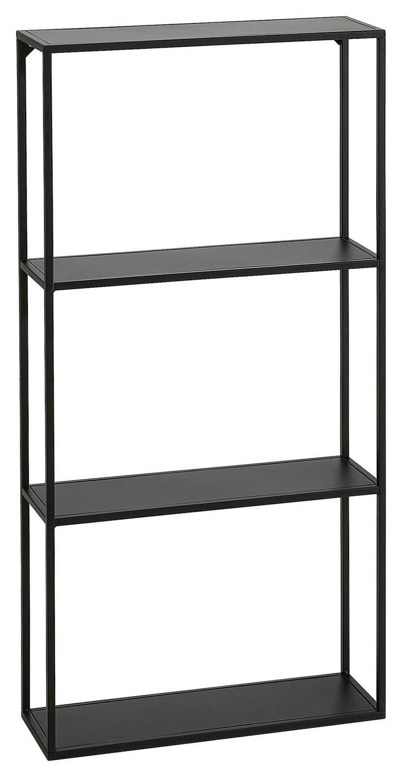 Schwarzes Wandregal mit vier Regalböden, seitliche Perspektive