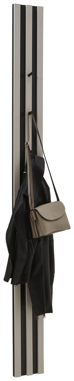 Garderobenpaneel in vertikaler Perspektive mit Haken, an denen eine Jacke und eine Tasche hängen.