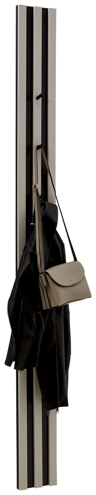 Garderobenpaneel in vertikaler Perspektive mit Haken, an denen eine Jacke und eine Tasche hängen.