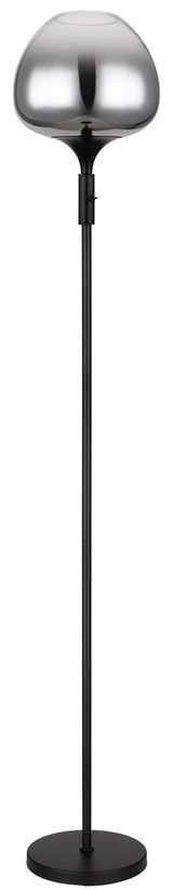 Moderne Stehleuchte mit schwarzem Ständer und glänzendem, kugelförmigem Lampenschirm, frontal abgebildet.