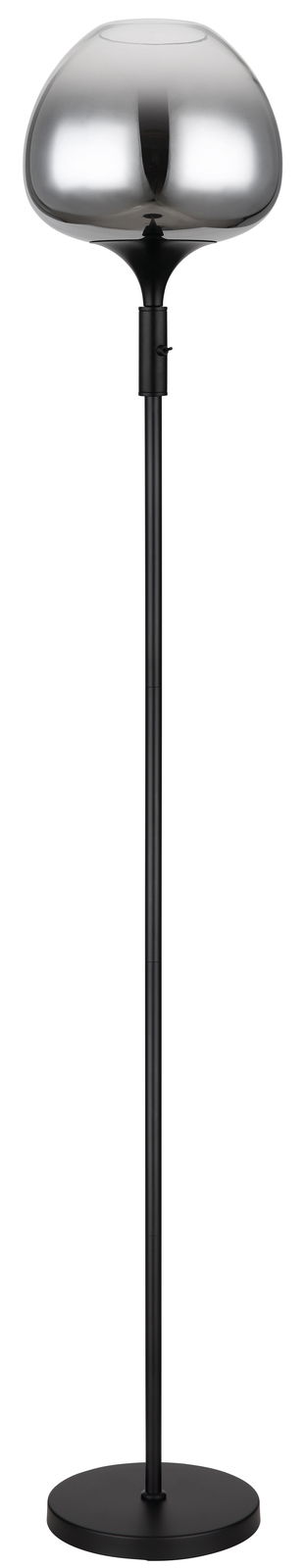 Moderne Stehleuchte mit schwarzem Ständer und glänzendem, kugelförmigem Lampenschirm, frontal abgebildet.