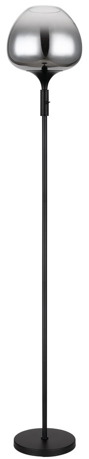 Moderne Stehleuchte mit schwarzem Ständer und glänzendem, kugelförmigem Lampenschirm, frontal abgebildet.
