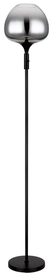 Moderne staande lamp met een zwarte voet en een glanzende, bolvormige lampenkap, afgebeeld van voren.