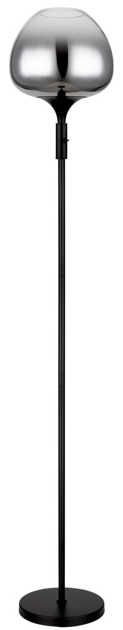 Moderne staande lamp met een zwarte voet en een glanzende, bolvormige lampenkap, afgebeeld van voren.