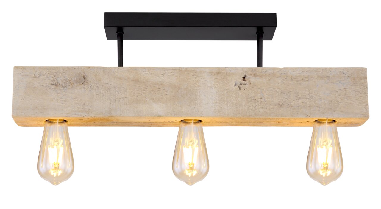 Deckenleuchte aus Holz mit drei sichtbaren Glühbirnen, seitliche Perspektive