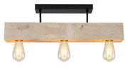 Deckenleuchte aus Holz mit drei sichtbaren Glühbirnen, seitliche Perspektive