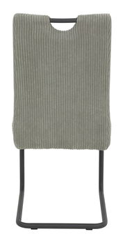 Rückansicht eines Schwingstuhls mit grauem, geripptem Stoffbezug und schwarzem Metallgestell.