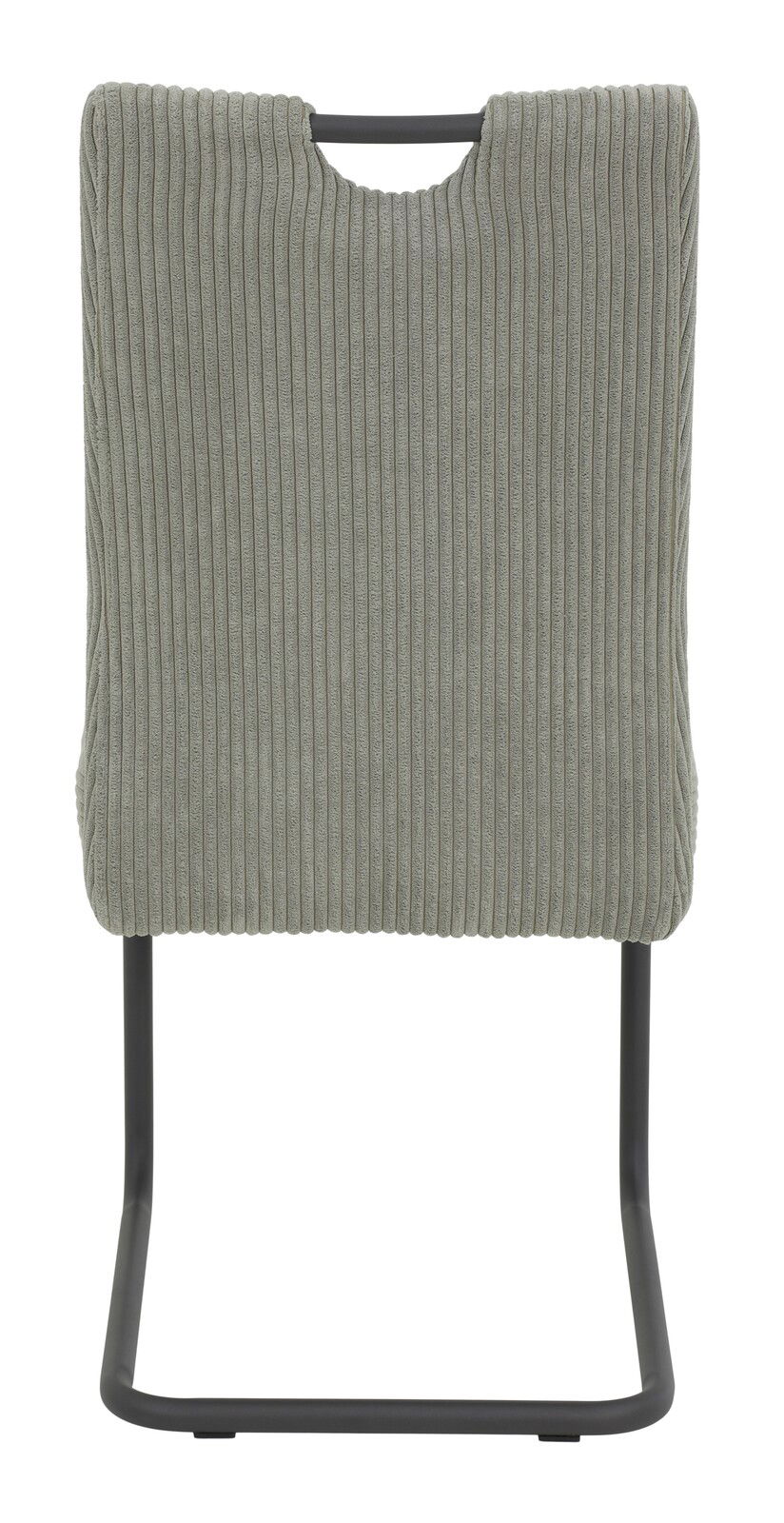 Rückansicht eines Schwingstuhls mit grauem, geripptem Stoffbezug und schwarzem Metallgestell.