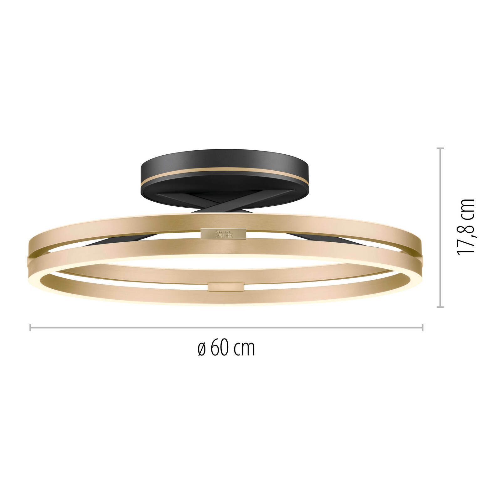 Moderne Deckenleuchte PURE Loop in Seitenansicht mit schwarzer Basis und goldenen Ringen, Durchmesser 60 cm, Höhe 17,8 cm.