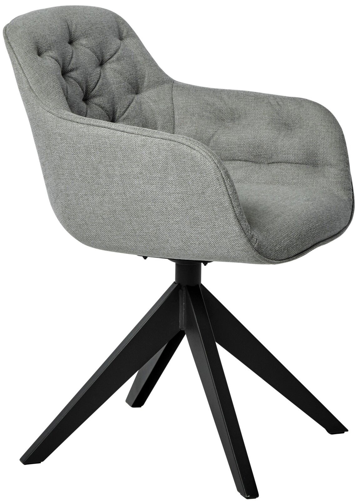 Grauer, gepolsterter Stuhl mit schwarzem Metallgestell, seitliche Perspektive