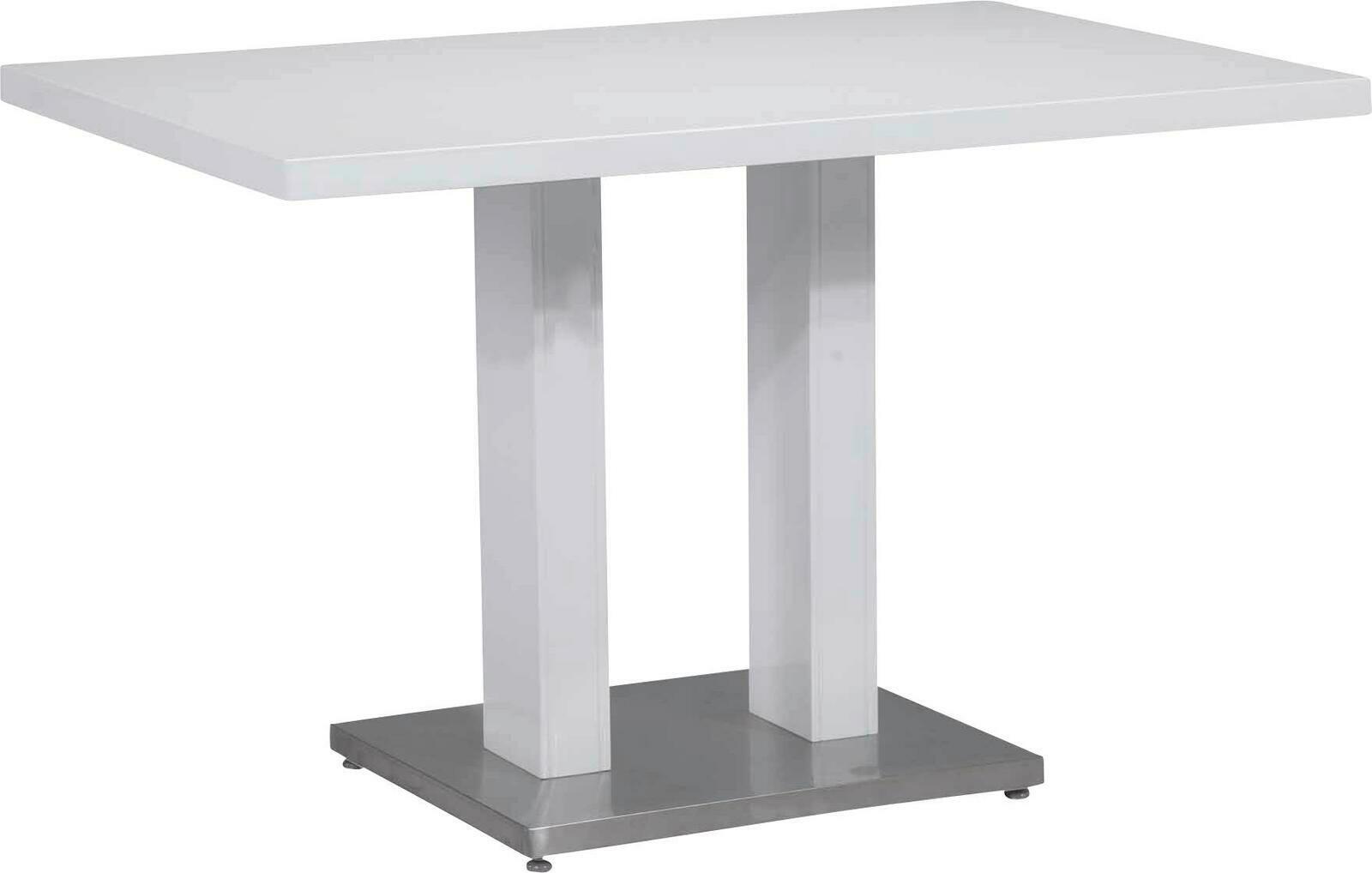 Moderner weißer Esstisch mit rechteckiger Tischplatte und zwei stabilen Säulenbeinen auf einer quadratischen Metallbasis, seitliche Perspektive
