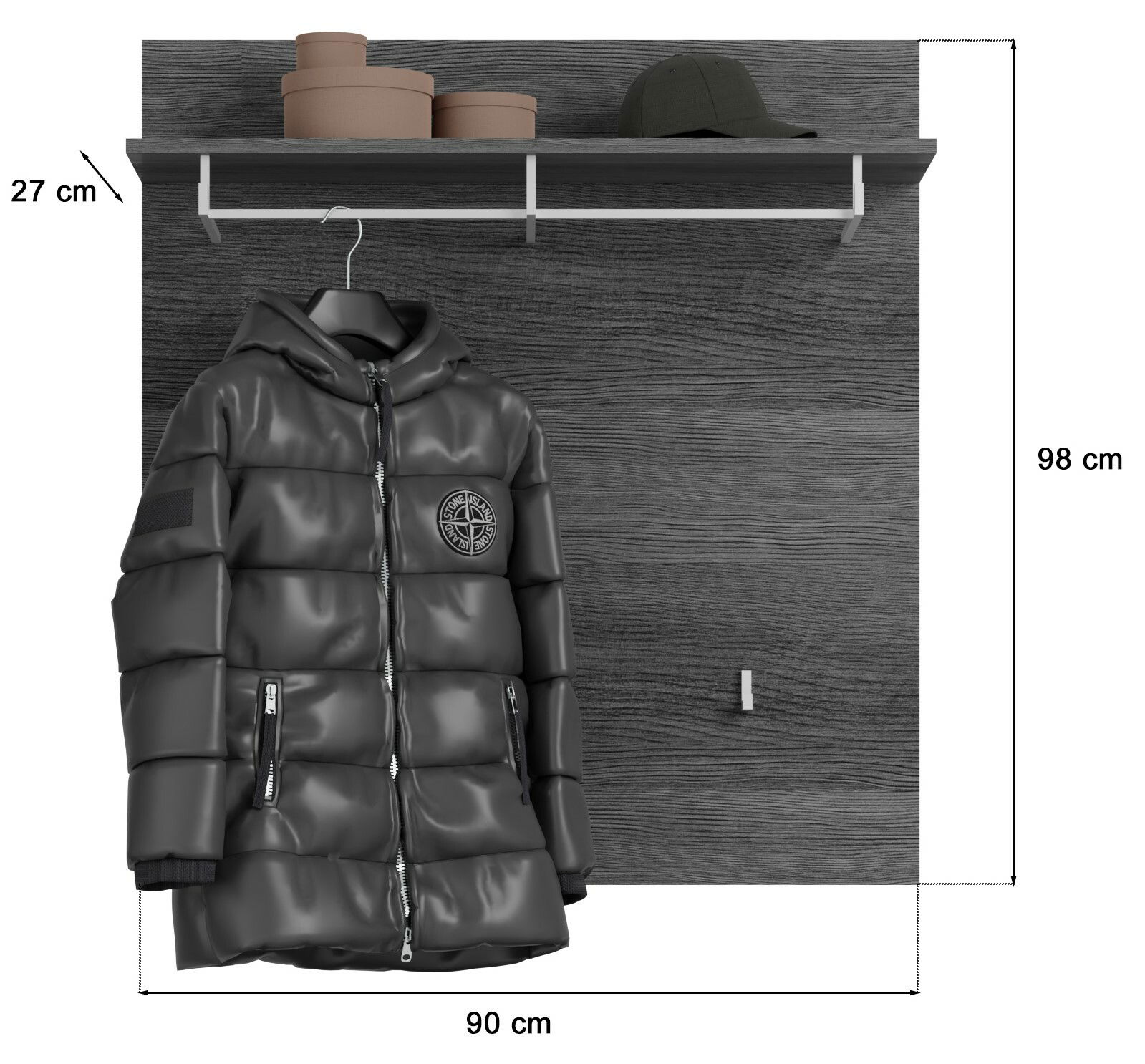 Garderoben-Set mit Wandpaneel in dunkler Holzoptik, Kleiderhaken und Ablage, frontal abgebildet. Inklusive schwarzer Winterjacke und Hüten auf der Ablage.