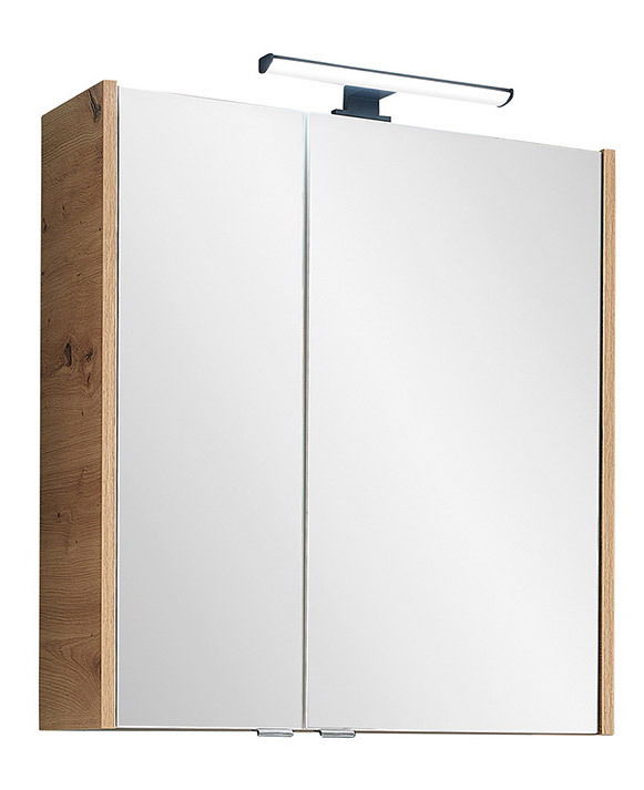 Moderner Spiegelschrank mit Holzrahmen und integrierter Beleuchtung, Frontalansicht