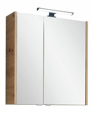 Moderner Spiegelschrank mit Holzrahmen und integrierter Beleuchtung, Frontalansicht